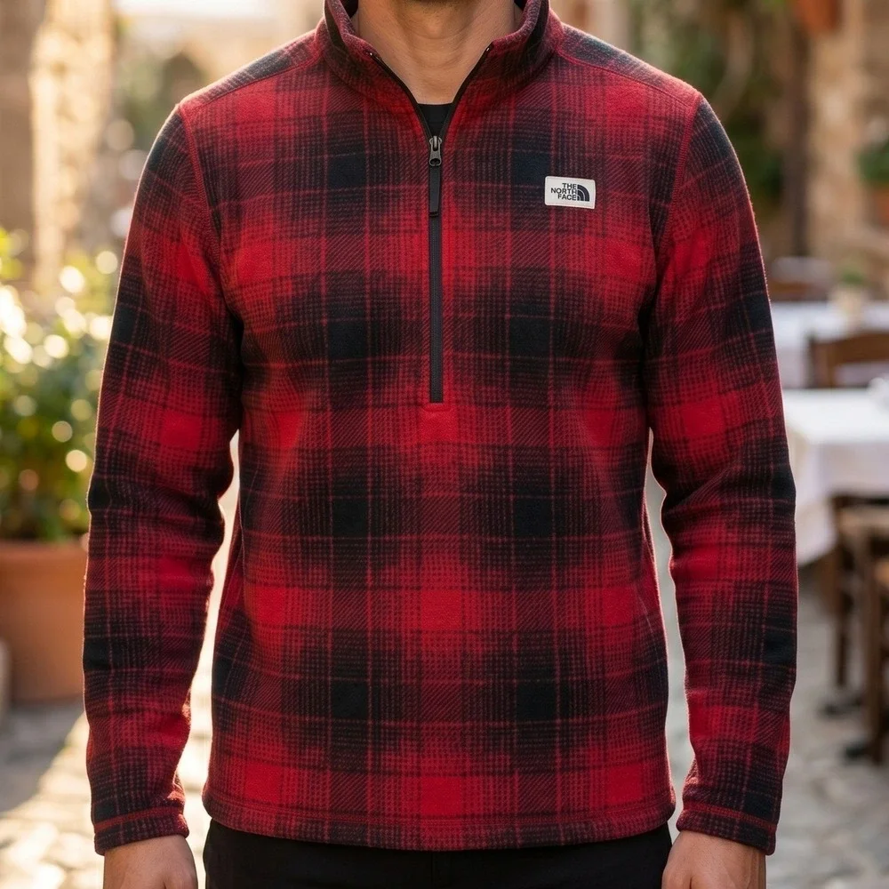 The North Face Mens Red Black Buffalo Plaid 1/4 Zip Sherpa Lined Fleece Pullover